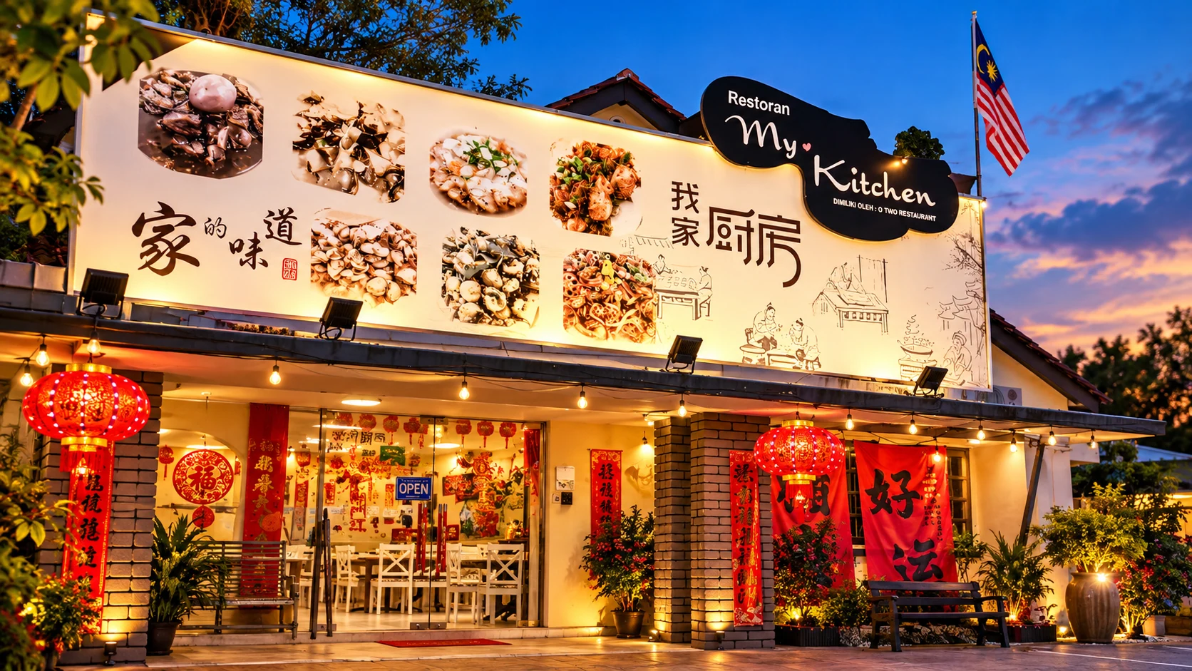 Restoran My Kitchen at dusk: the long food-photo signboard, red lanterns and the lit glass entrance.