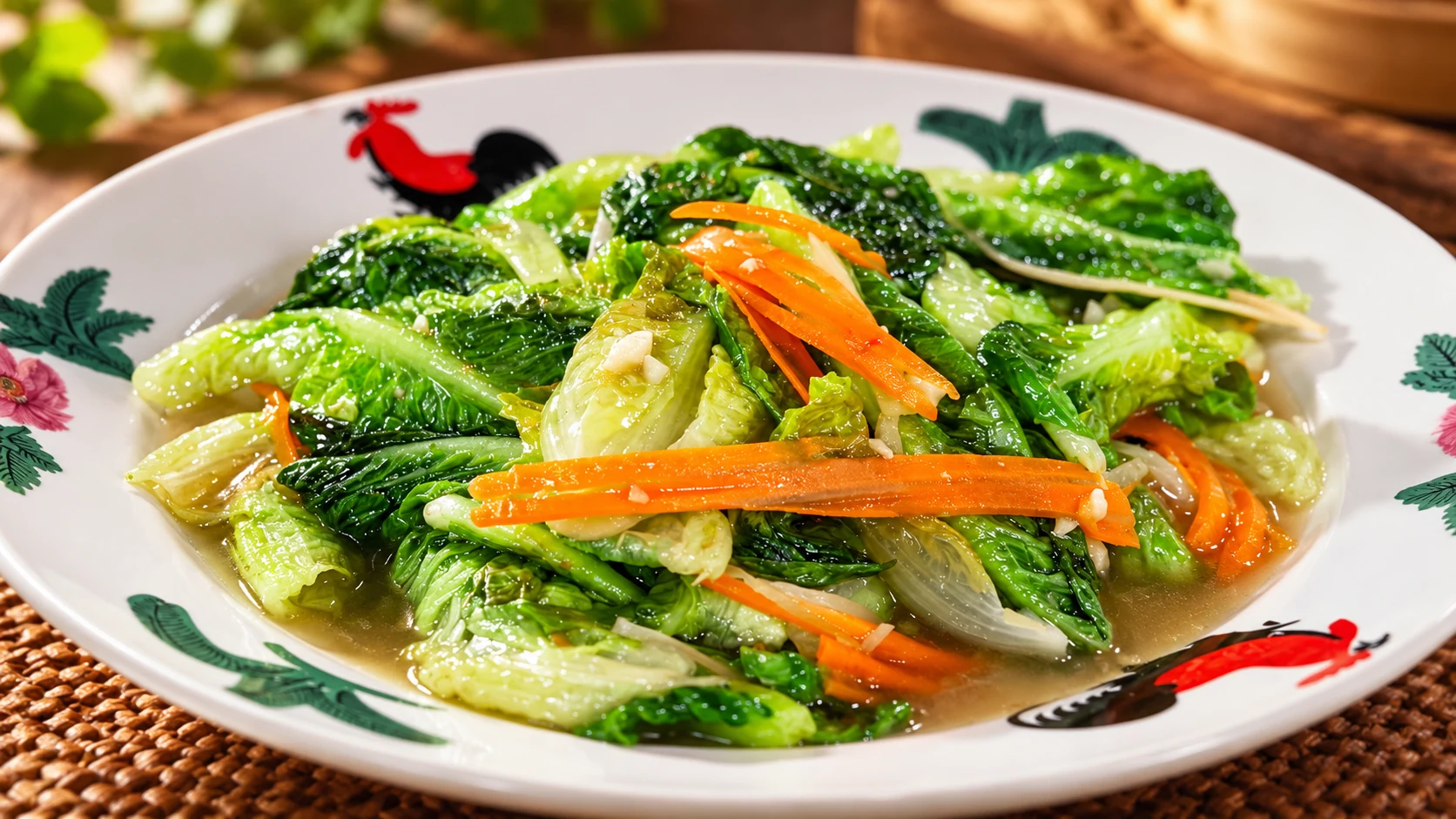 Cooked leafy greens and carrot strips on a rooster-patterned plate.