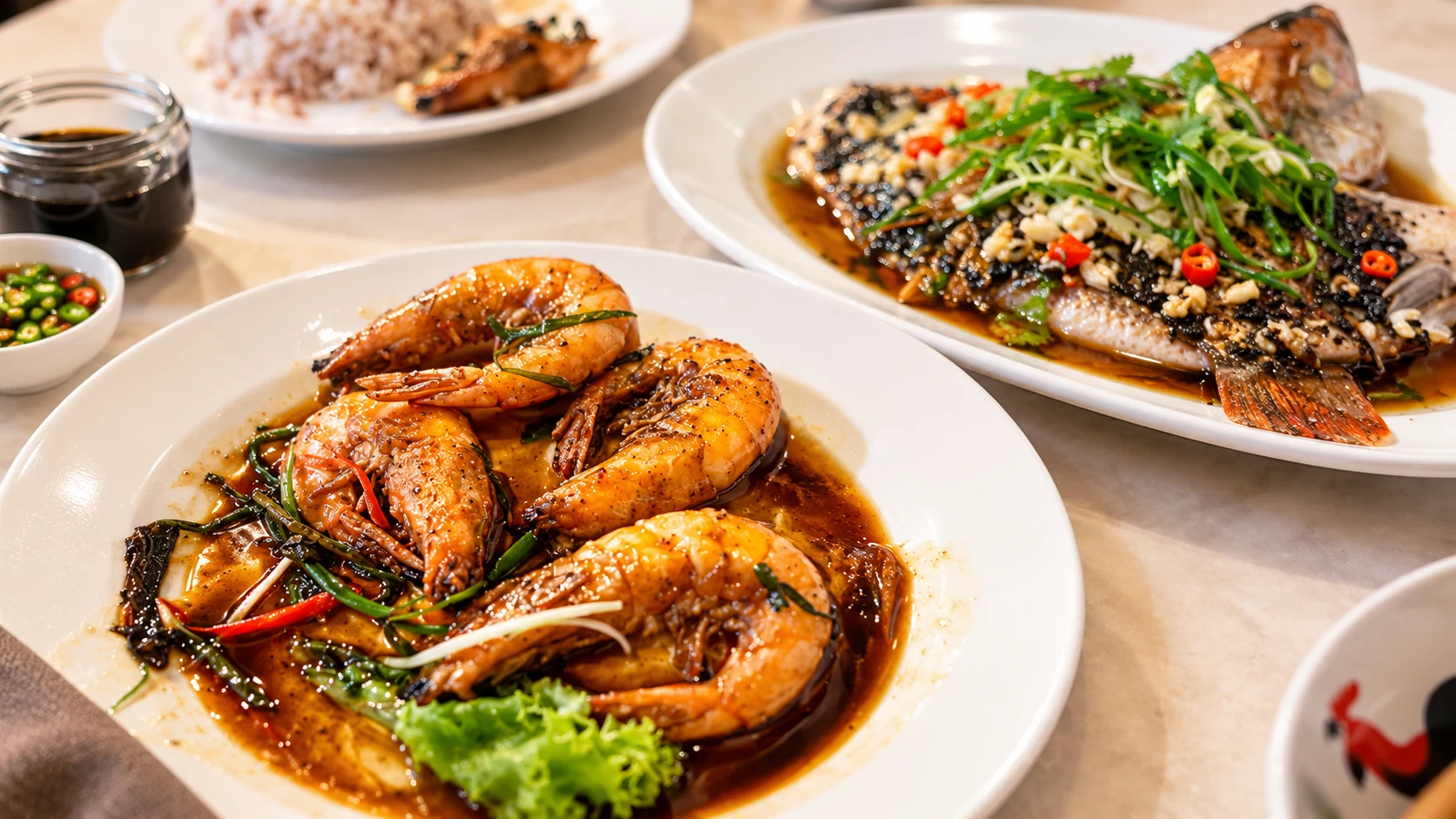 Shell-on prawns in sauce in front of a platter of cooked fish.