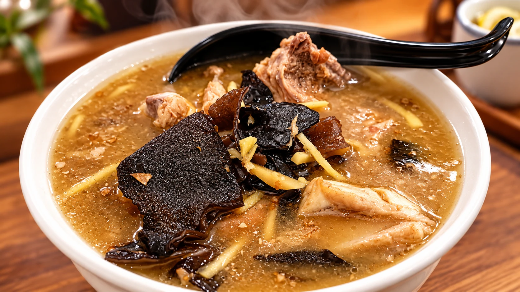 A white bowl of brown broth with dark pieces, pale strips and a black spoon.